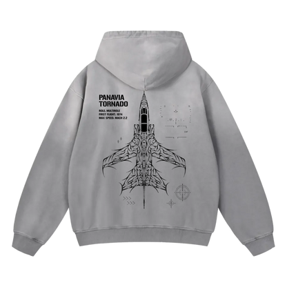 Grey hoodie back with Panavia Tornado jet graphic and technical flight data print