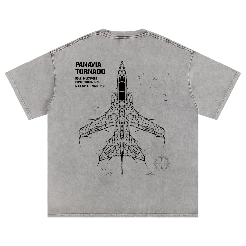 Back of grey t-shirt with Panavia Tornado jet illustration and aviation-inspired graphics