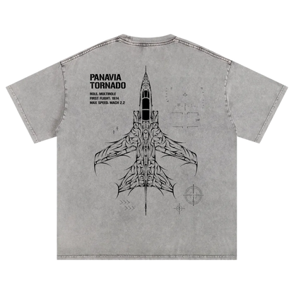 Back of grey t-shirt with Panavia Tornado jet illustration and aviation-inspired graphics
