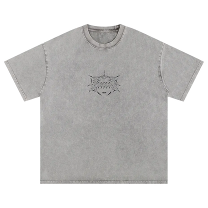 Grey oversized t-shirt with aviation-inspired graphic line art on the chest, front view
