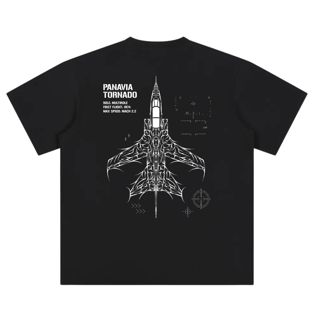Black t-shirt featuring Panavia Tornado jet schematic and tactical aviation graphics on the back