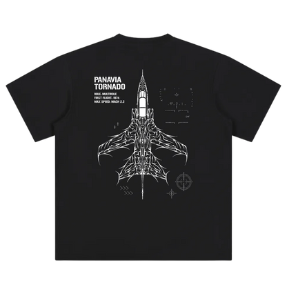 Black t-shirt featuring Panavia Tornado jet schematic and tactical aviation graphics on the back