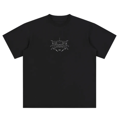 Black t-shirt with intricate metallic graphic and center chest linework design