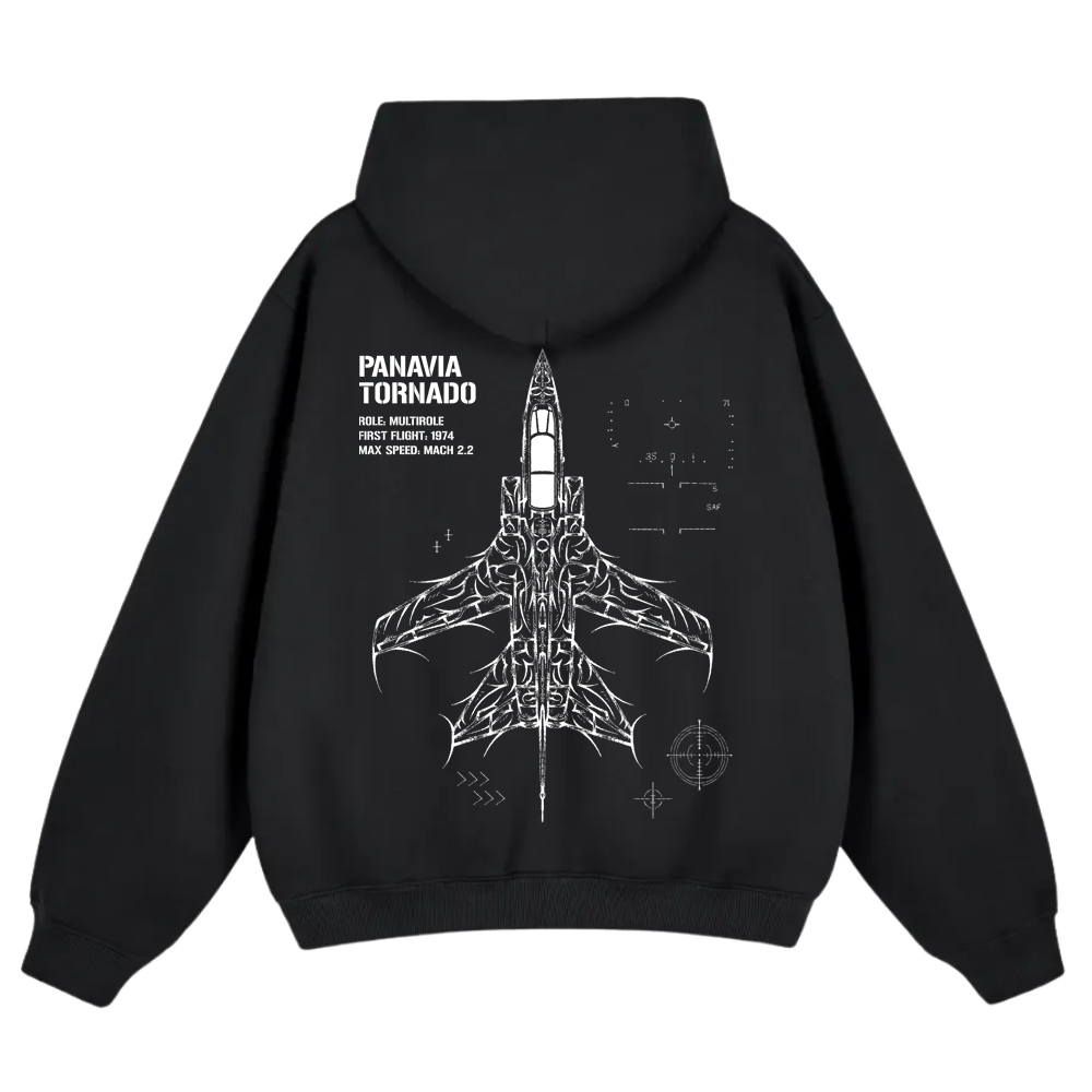 Black hoodie with white Panavia Tornado jet graphic and aviation-inspired text on the back