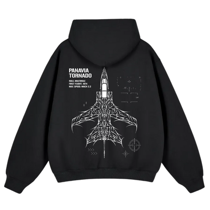Black hoodie with white Panavia Tornado jet graphic and aviation-inspired text on the back