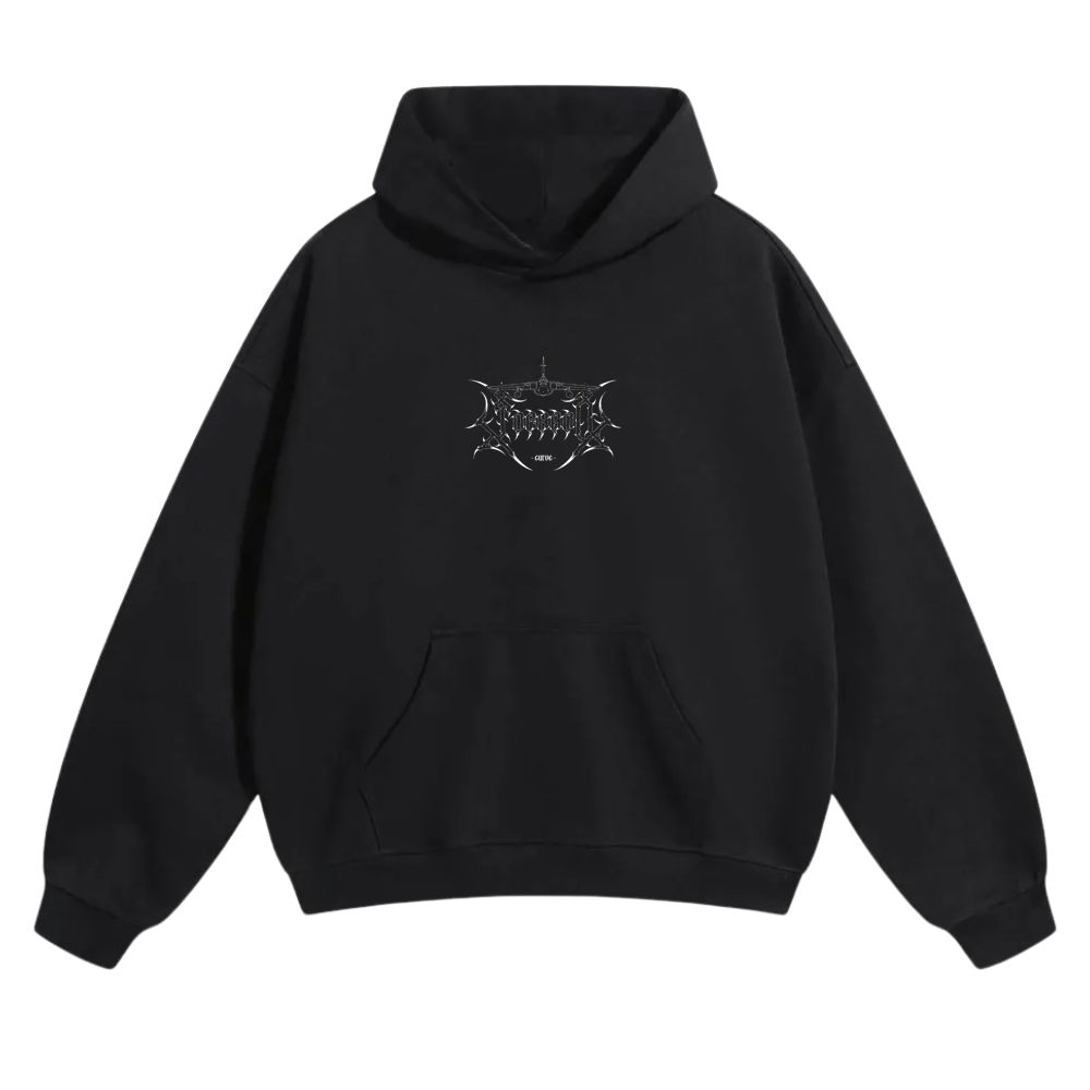 Black hoodie with sharp white linework graphic, front view, streetwear style