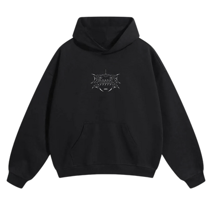 Black hoodie with sharp white linework graphic, front view, streetwear style