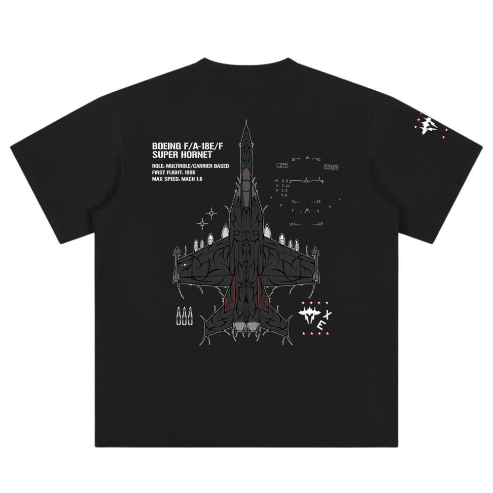 Black t-shirt with Boeing F/A-18E/F Super Hornet graphic, aviation details, and line art.