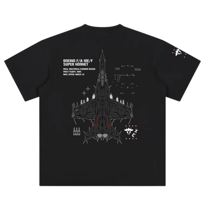 Black t-shirt with Boeing F/A-18E/F Super Hornet graphic, aviation details, and line art.