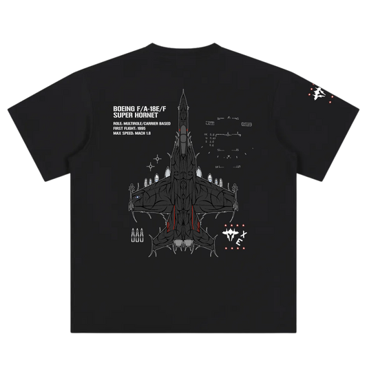 Black t-shirt with Boeing F/A-18E/F Super Hornet graphic, aviation details, and line art.