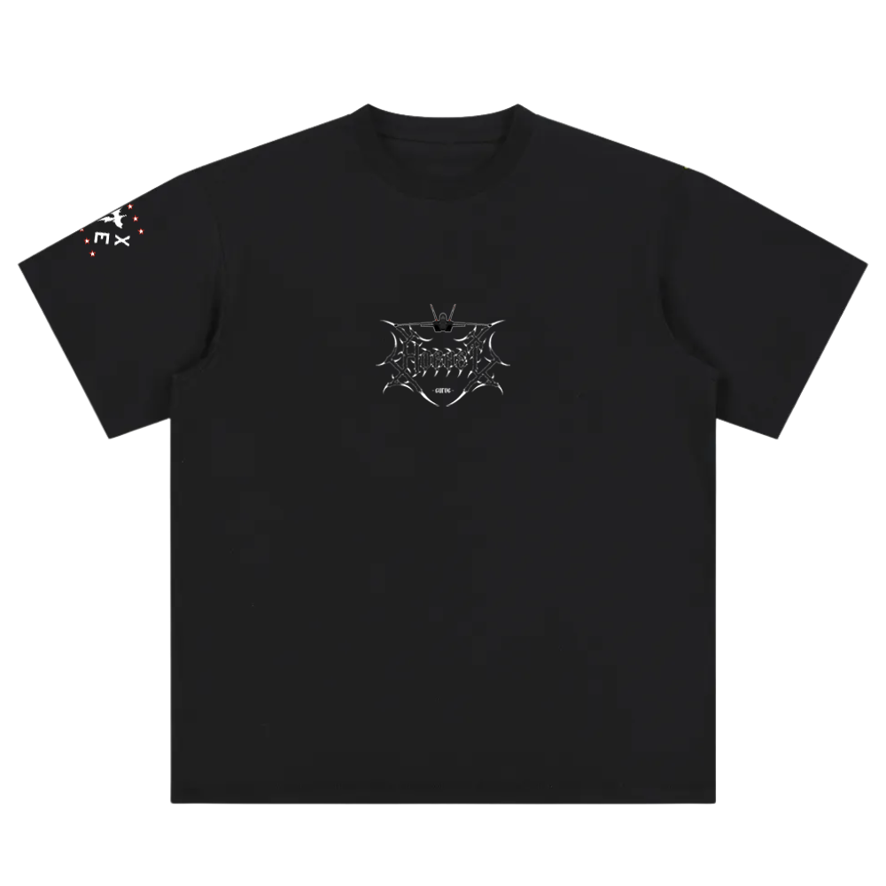Black graphic tee with metallic logo on chest and white markings on left sleeve, streetwear style
