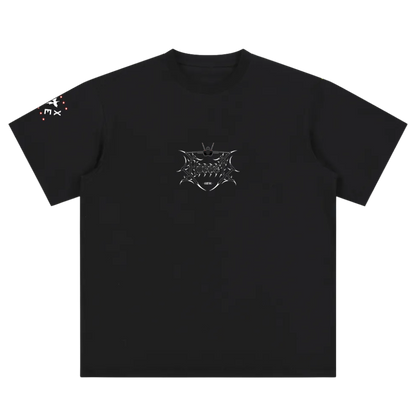 Black graphic tee with metallic logo on chest and white markings on left sleeve, streetwear style